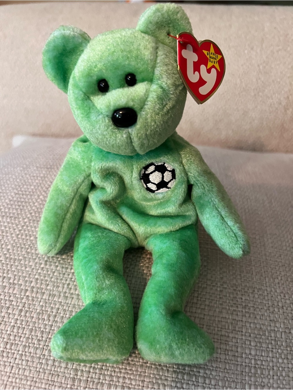 Ty beanies baby green soccer bear. “Kicks”. New